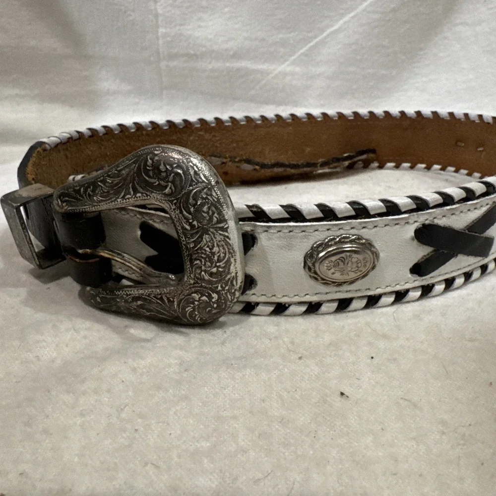 Tony Lama Silver/Black White Concho Belt Western Cross X‎ 32